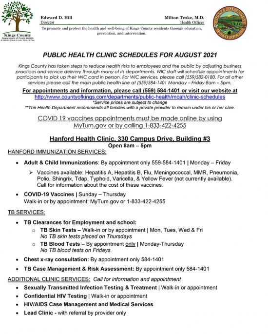 Kings County Public Health clinic information for August released 